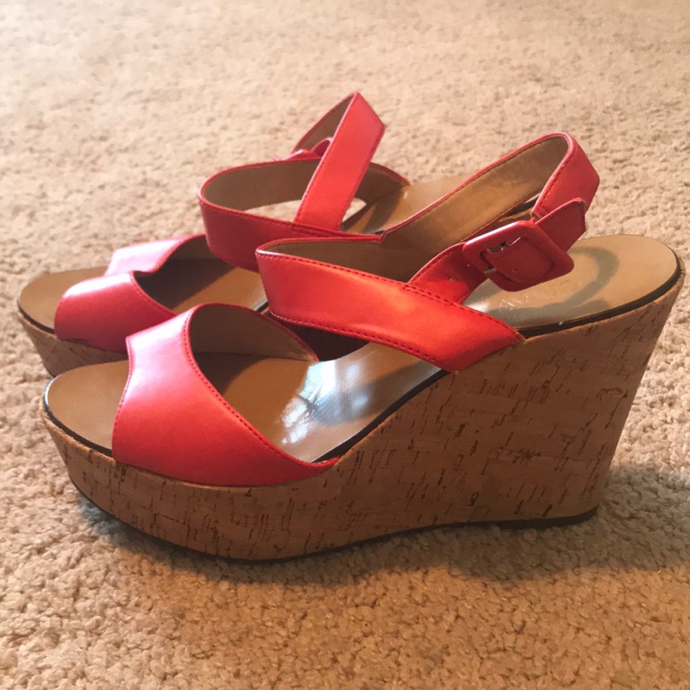 J. Crew salmon open toe cork wedges
